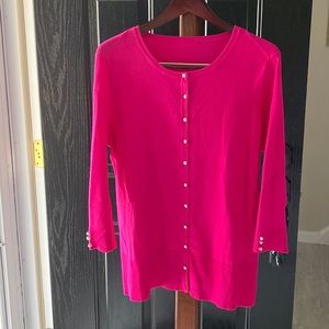 Deep hot pink long cardigan sweater with pearl and silver buttons, XL